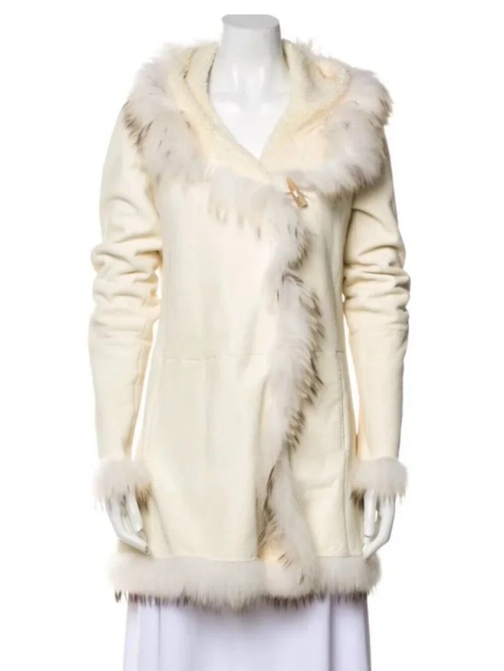 Nigel Preston & Knight White Suede Leather Sheepskin Hooded Fur Coat